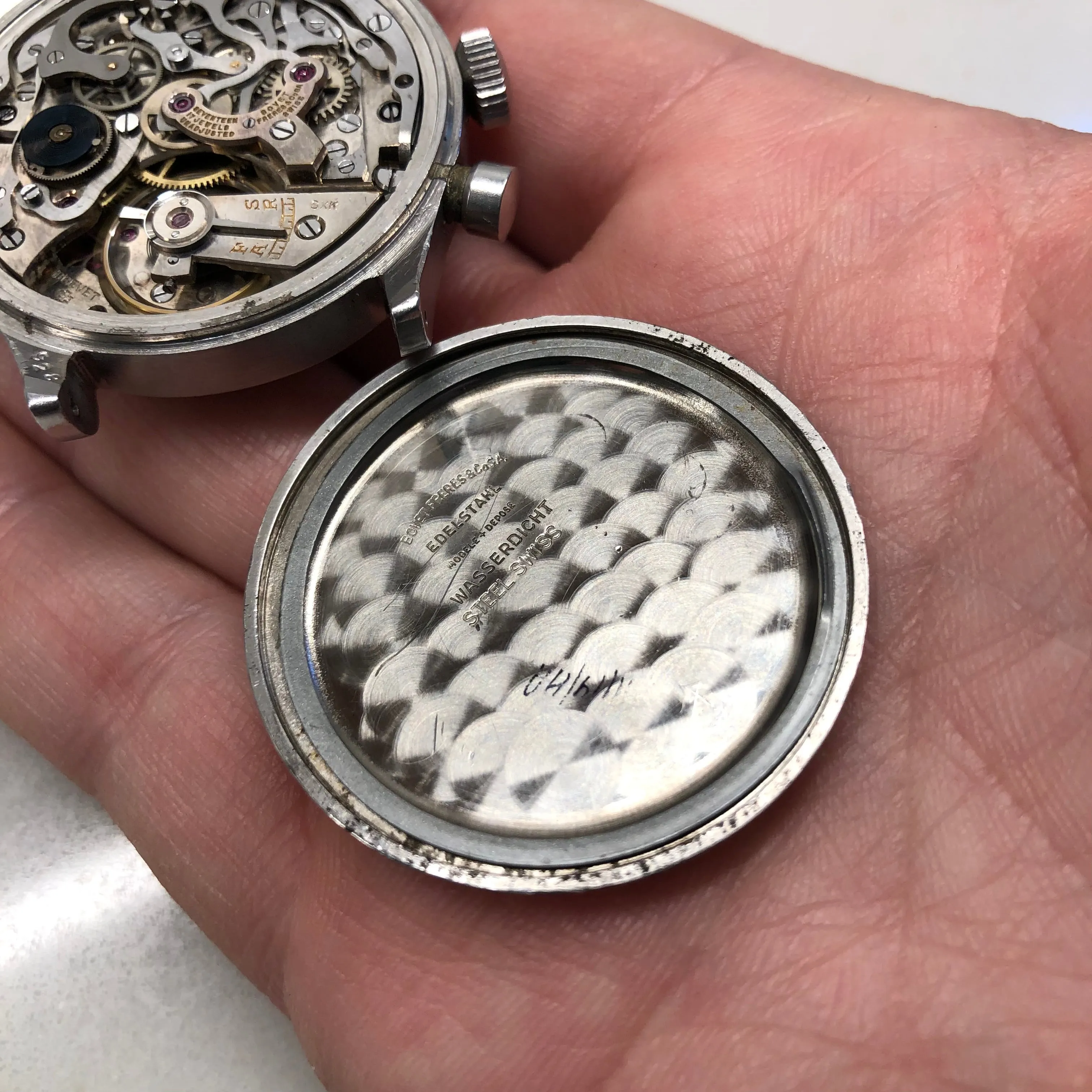 1950's Bovet Mono-Rattrapante Steel Gilt Chronograph Tropical 38mm Vintage Valjoux 84 Wristwatch