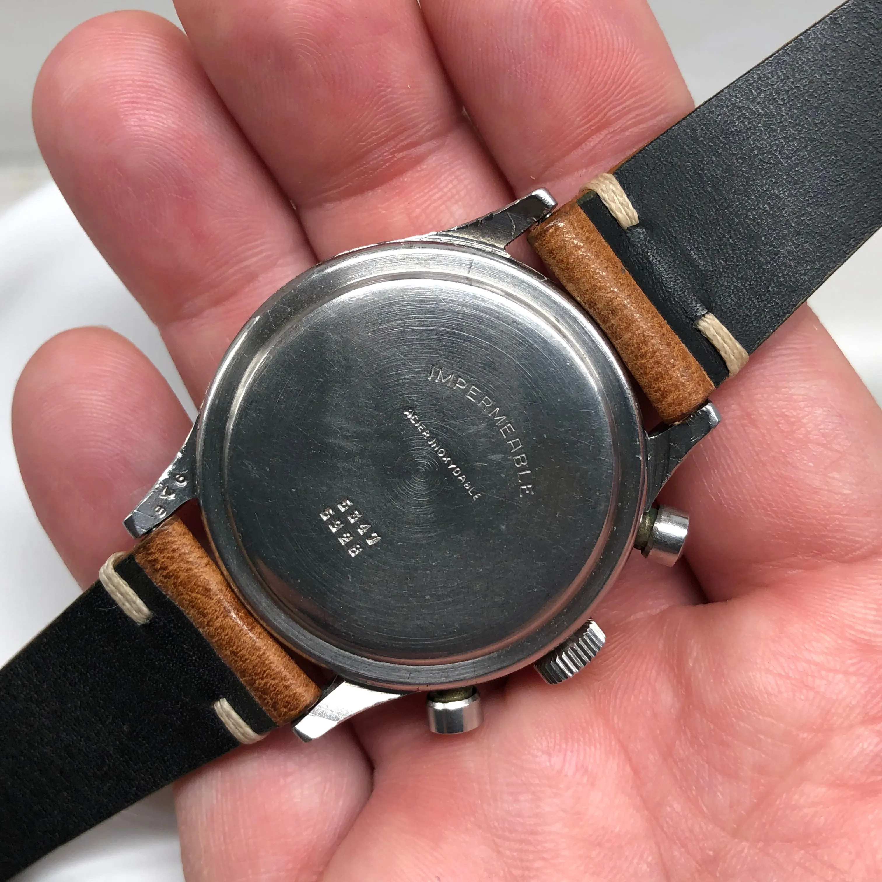 1950's Bovet Mono-Rattrapante Steel Gilt Chronograph Tropical 38mm Vintage Valjoux 84 Wristwatch
