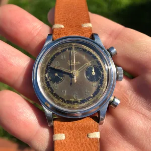 1950's Bovet Mono-Rattrapante Steel Gilt Chronograph Tropical 38mm Vintage Valjoux 84 Wristwatch