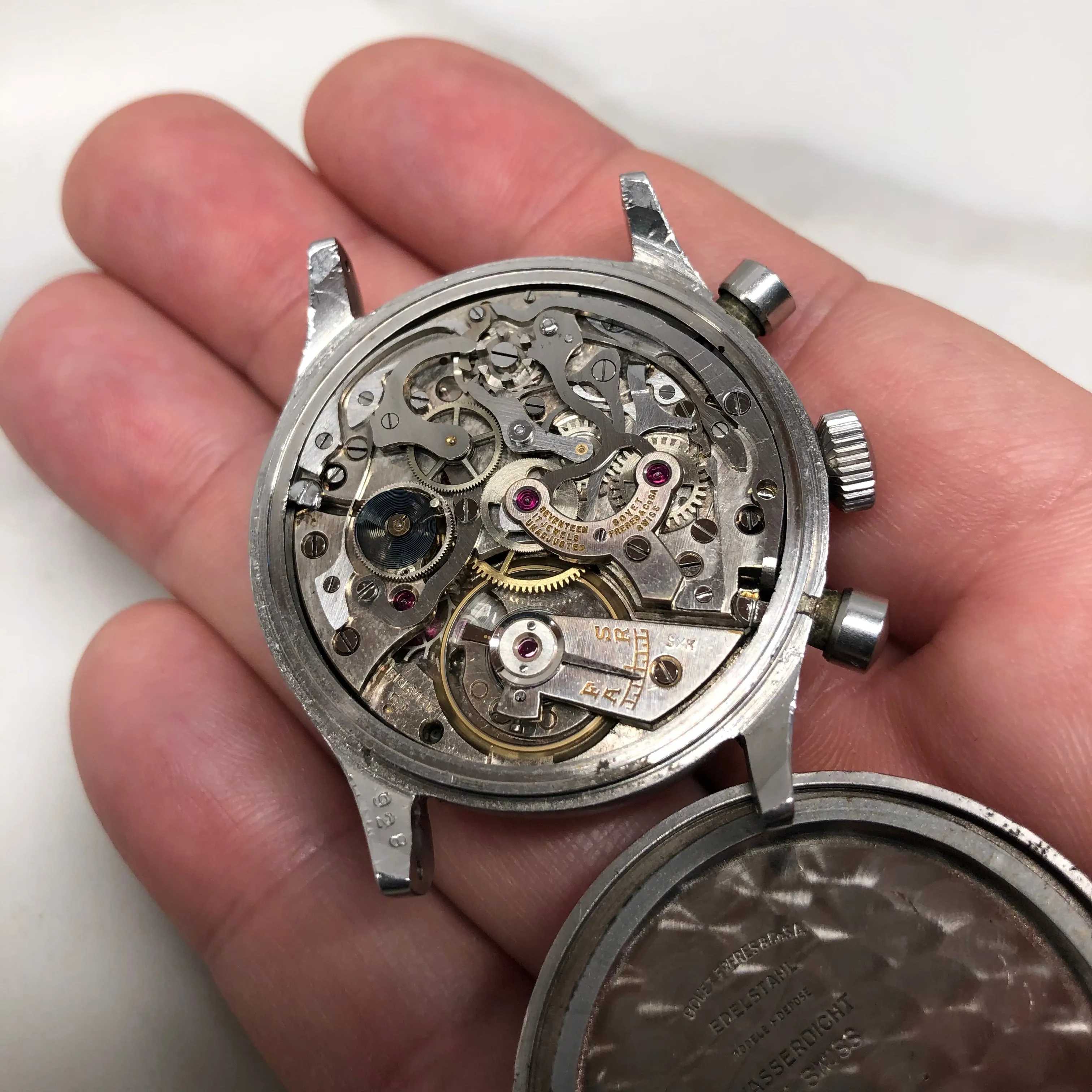 1950's Bovet Mono-Rattrapante Steel Gilt Chronograph Tropical 38mm Vintage Valjoux 84 Wristwatch