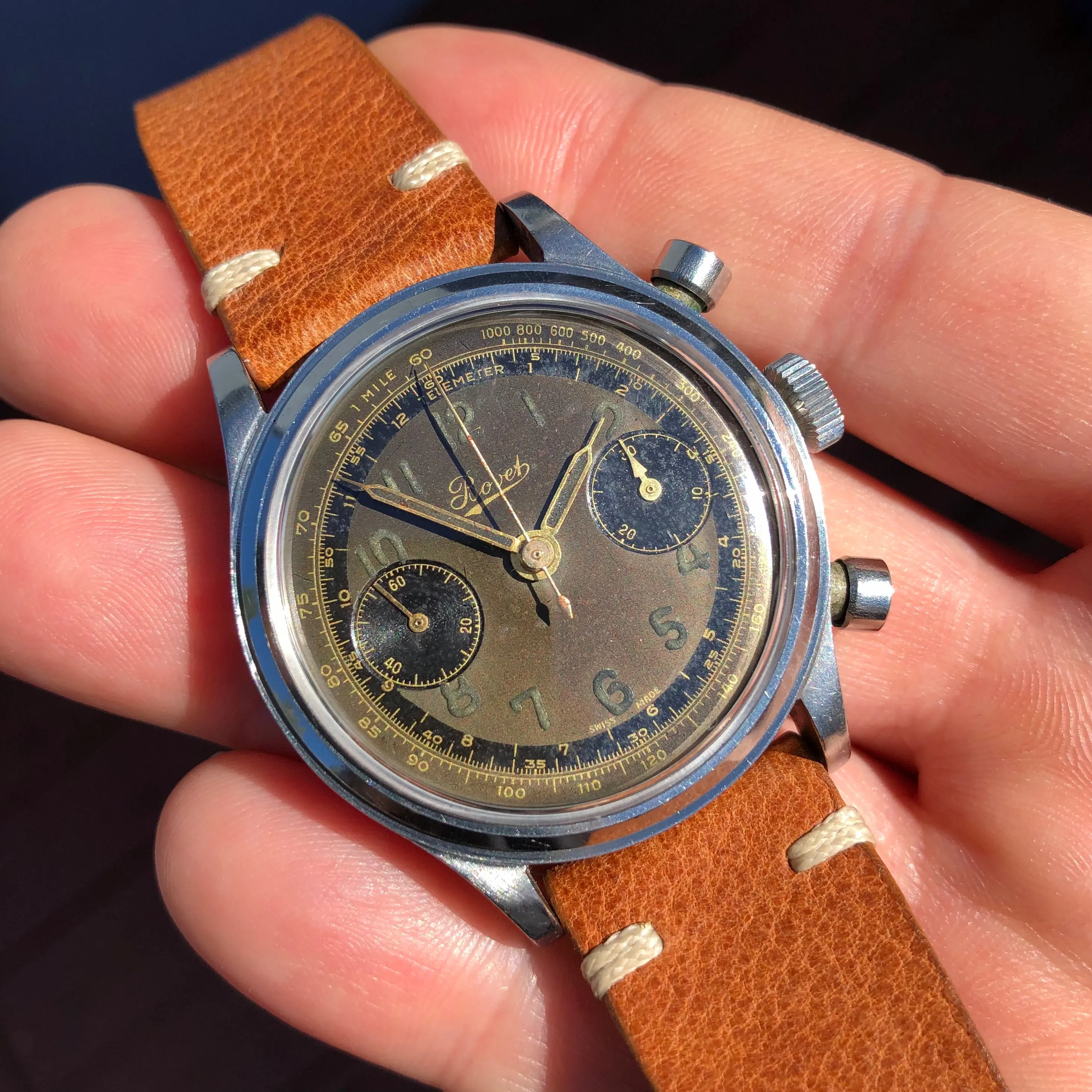 1950's Bovet Mono-Rattrapante Steel Gilt Chronograph Tropical 38mm Vintage Valjoux 84 Wristwatch