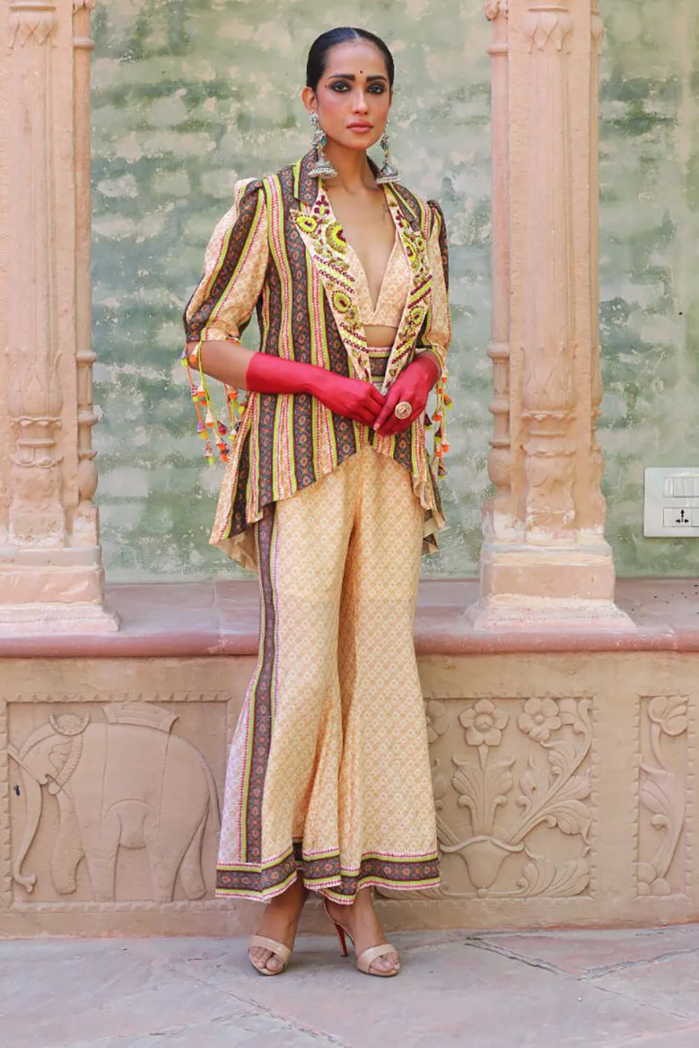 Alabaster Color Lapel Jacket With Bustier And Palazzo Pants