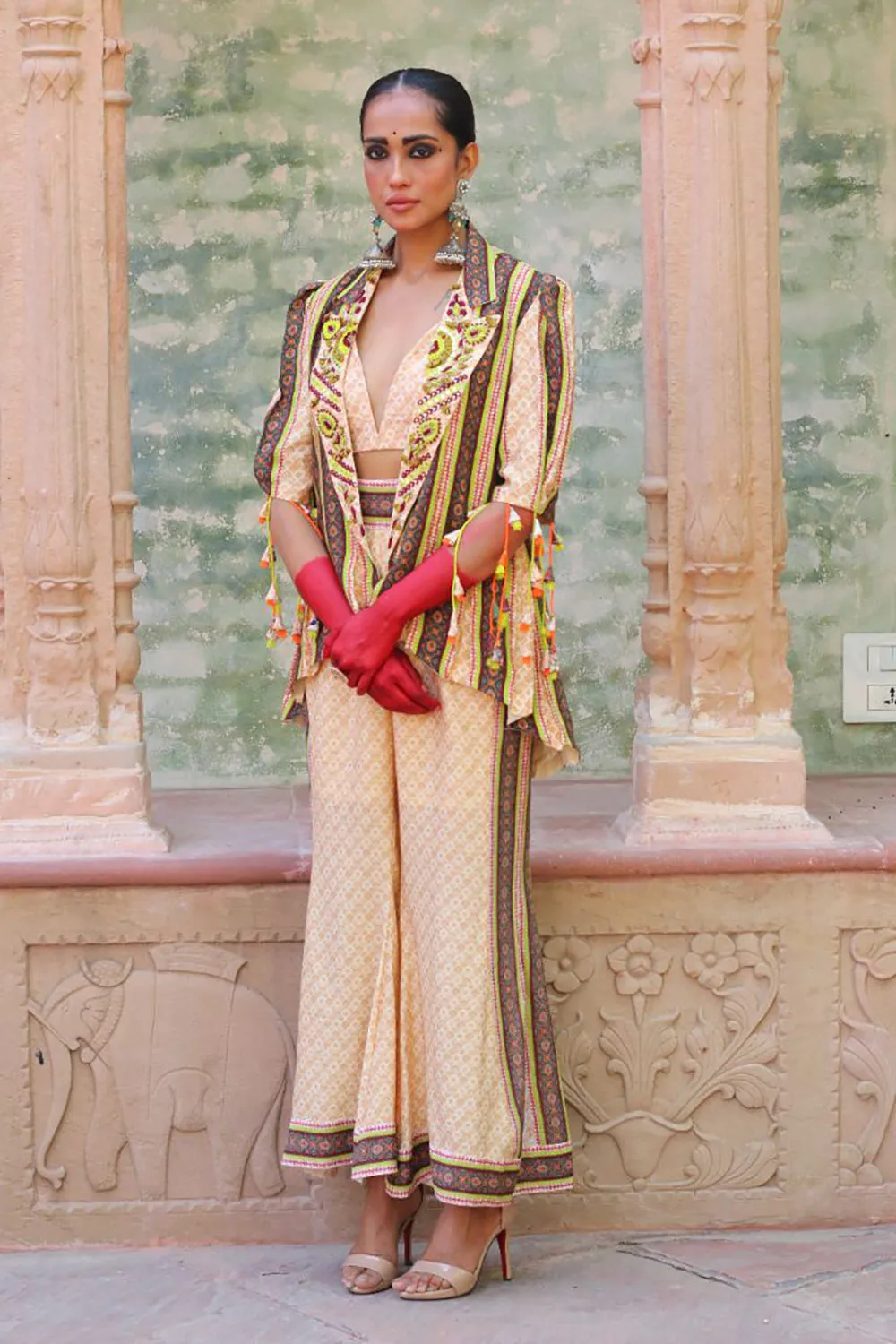 Alabaster Color Lapel Jacket With Bustier And Palazzo Pants