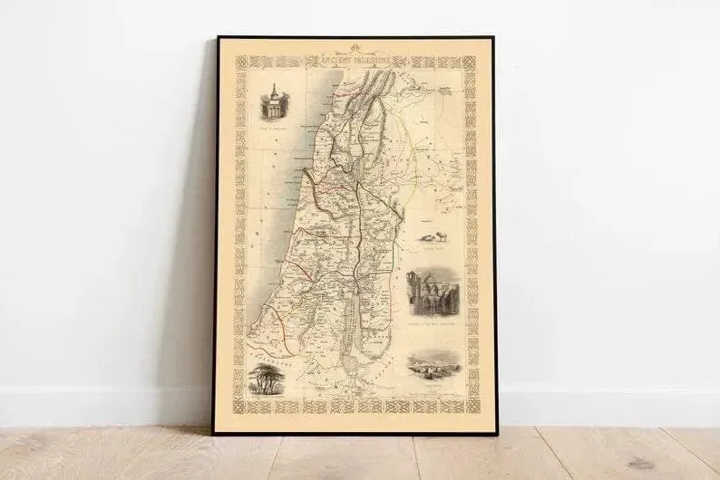 Ancient Palestine Map Print Wall Art| 1851 Palestine Vintage Map