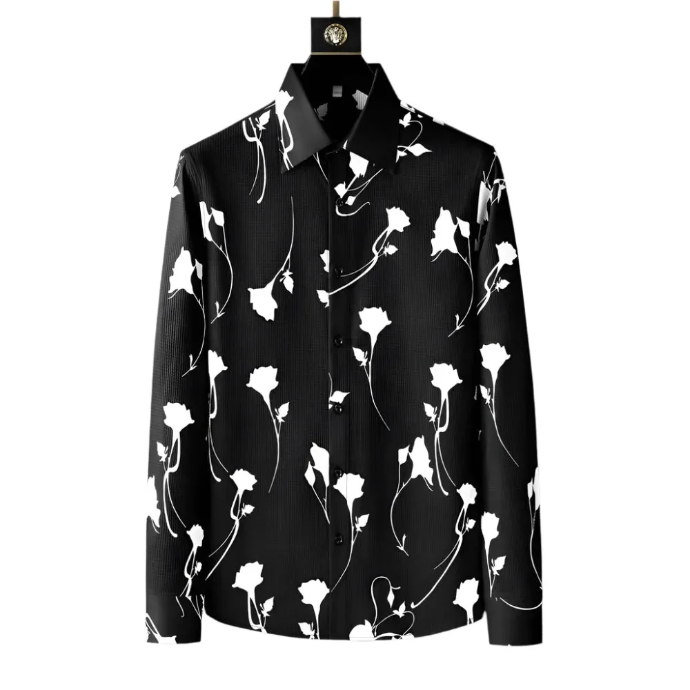 Autumn Men’s Floral Dress Shirt – Long Sleeve Casual Business Style, Loose Fit Party and Streetwear Clothing, Sizes Up to 4XL