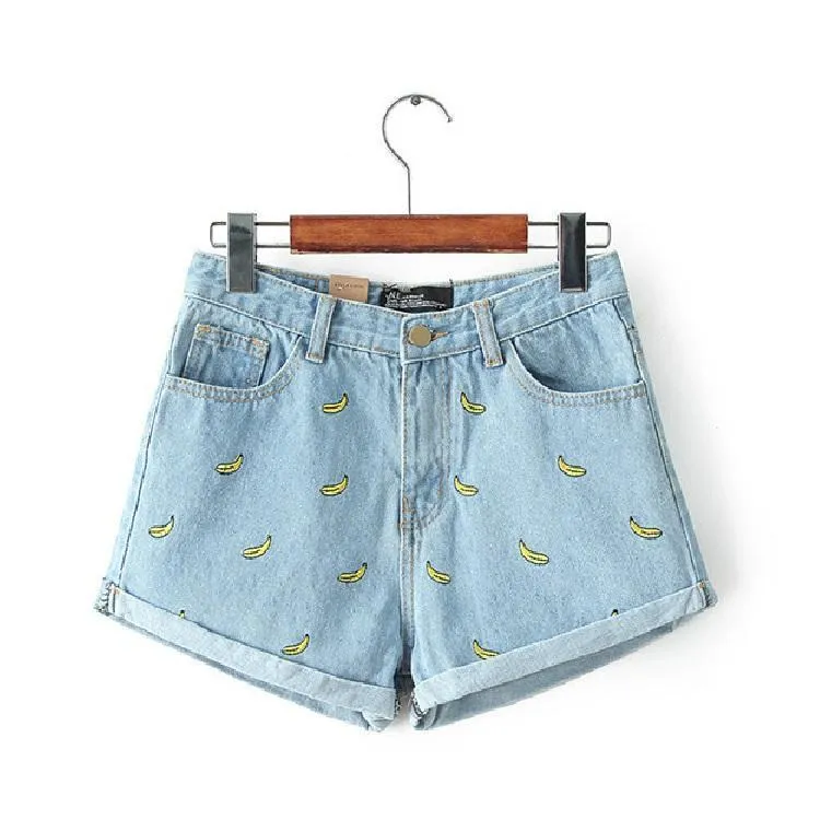 Banana Embroidery Denim Shorts