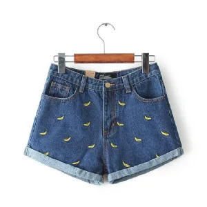 Banana Embroidery Denim Shorts