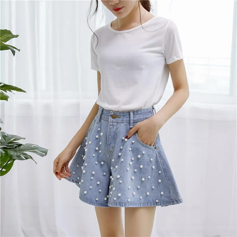 Beading Design A-Line Denim Shorts
