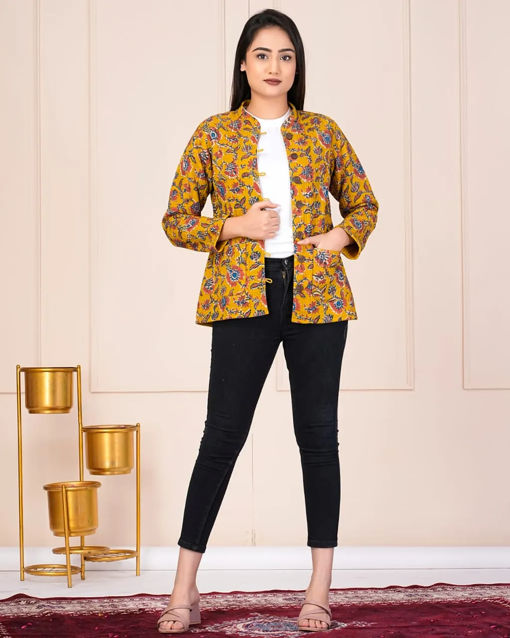 Beautiful Yellow Cotton Quilted Reversible Print Jackets