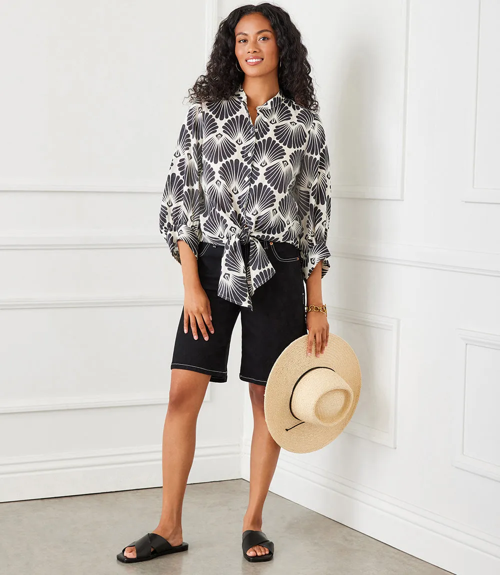 Blouson Sleeve Linen Tie-Front Top