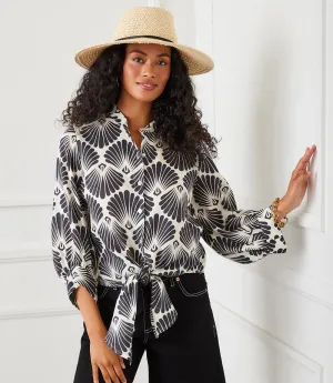 Blouson Sleeve Linen Tie-Front Top
