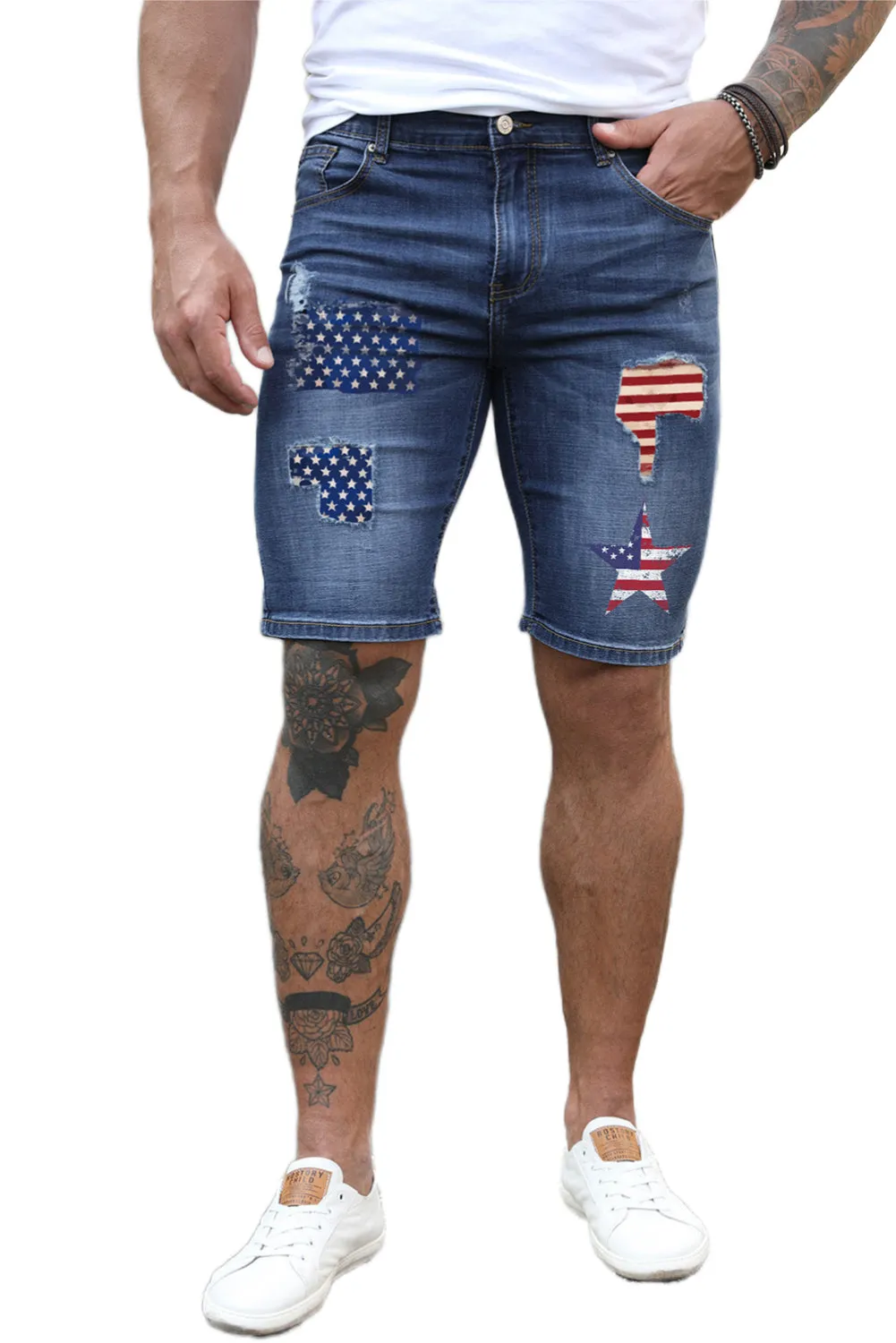 Blue American Flag Pattern Patchwork Men's Denim Shorts