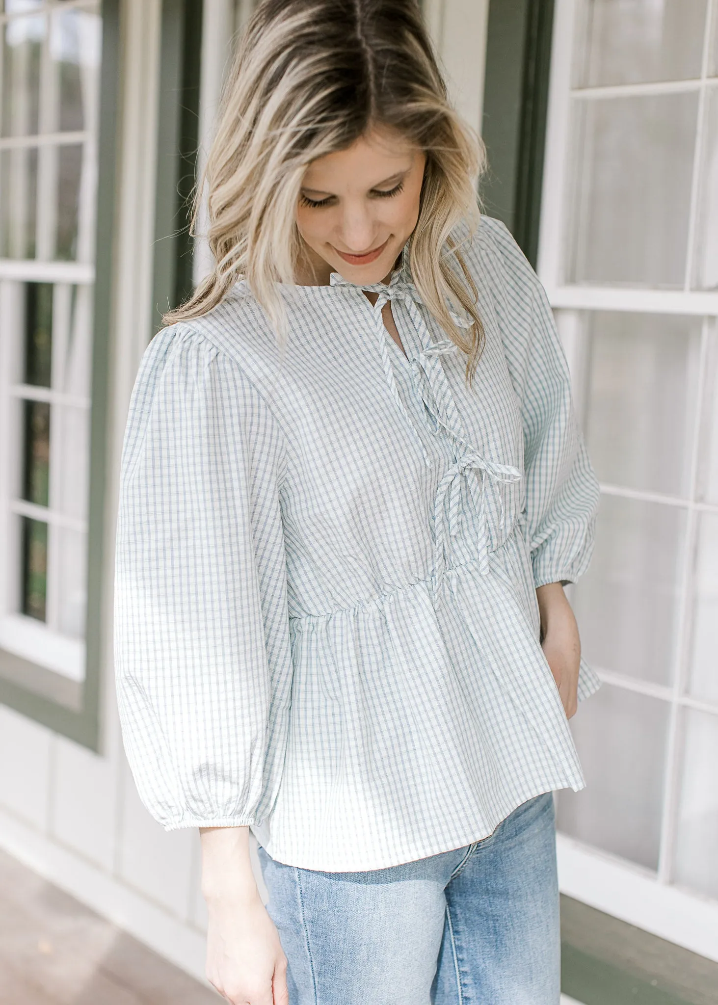Blue Check and Bows Top