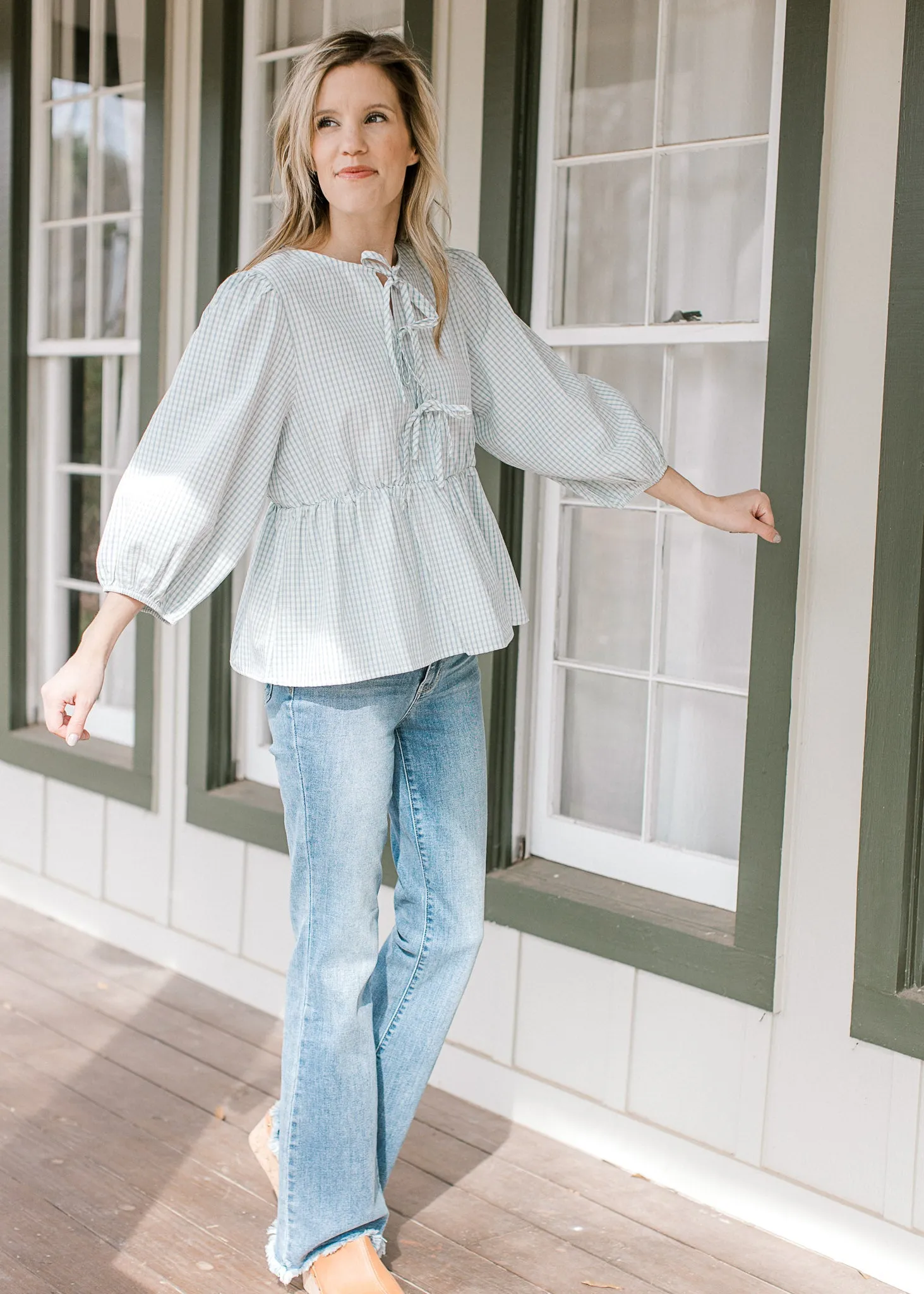 Blue Check and Bows Top