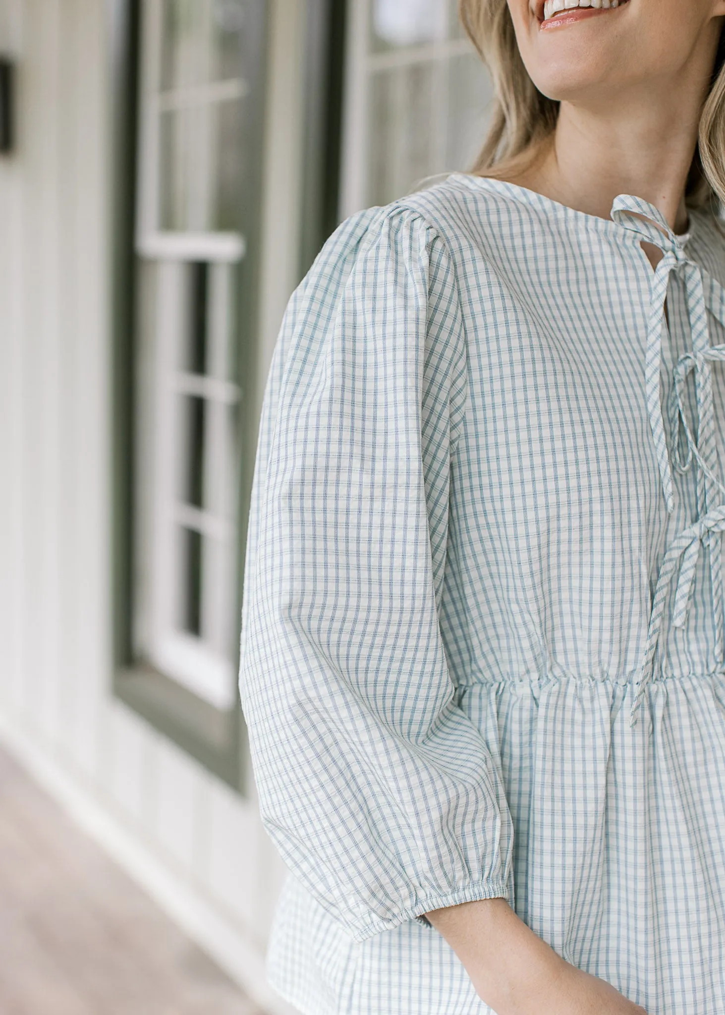 Blue Check and Bows Top