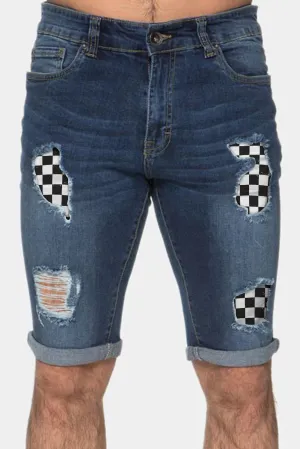 Blue Plaid Pattern Splicing Skinny Distressed Men's Denim Shorts