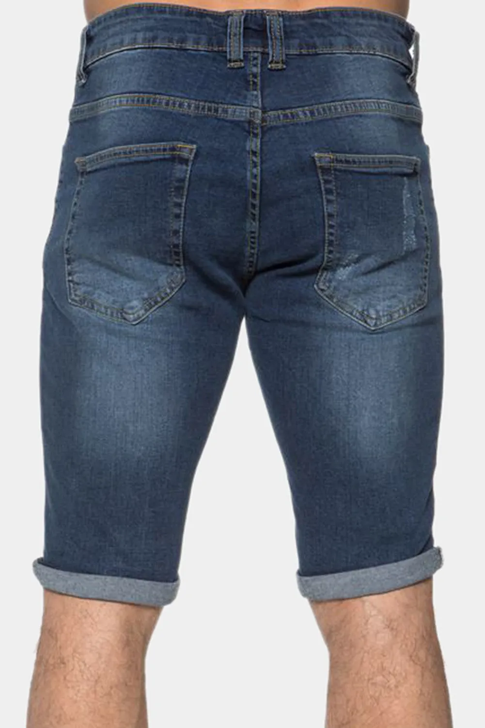 Blue Plaid Pattern Splicing Skinny Distressed Men's Denim Shorts