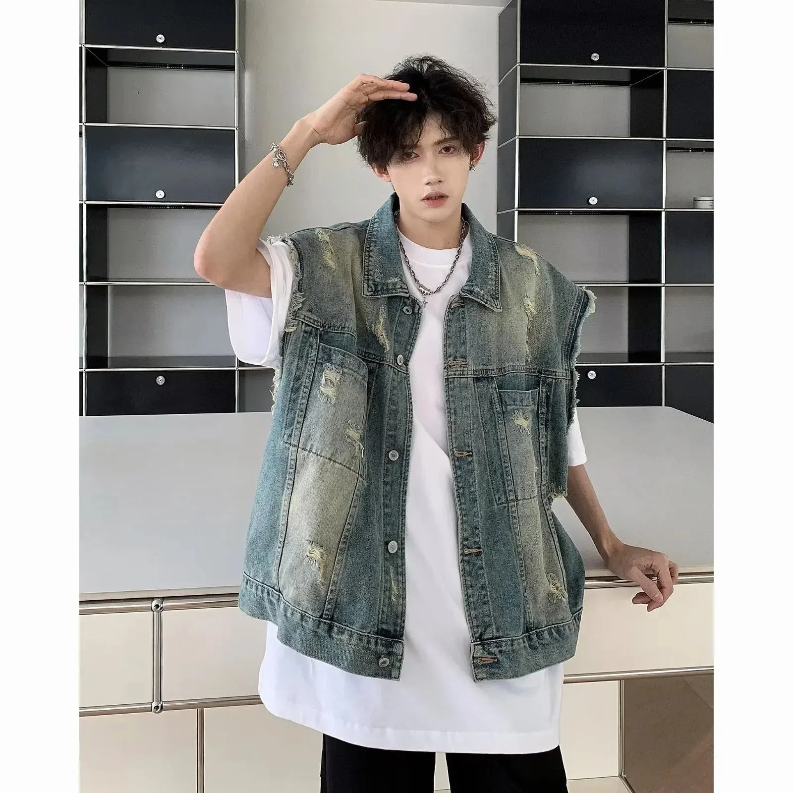 Bonsir American Style Vintage Denim Vest Shorts Suit Men's Loose-fit Streetwear Summer Tank Top Sleeveless Jacket For Men