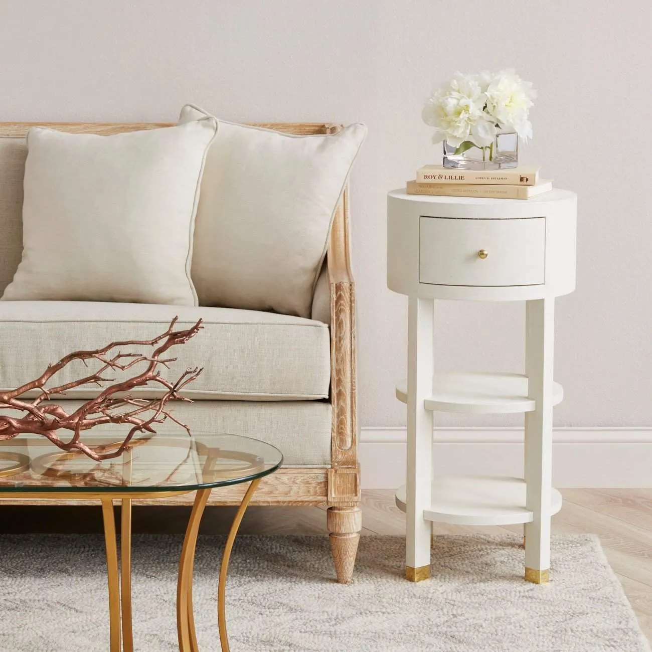 Claudette 1-Drawer Round Side Table / Cream, Brass