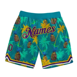 Custom Kelly Green Purple-Gold 3D Pattern Design Palm Trees Pineapples Authentic Basketball Shorts