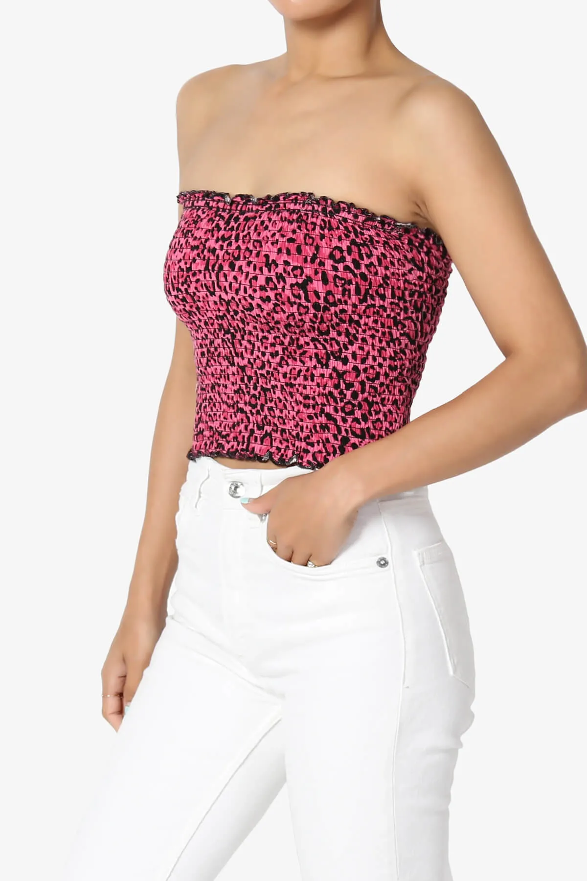 Faleece Leopard Smocked Crop Tube Top