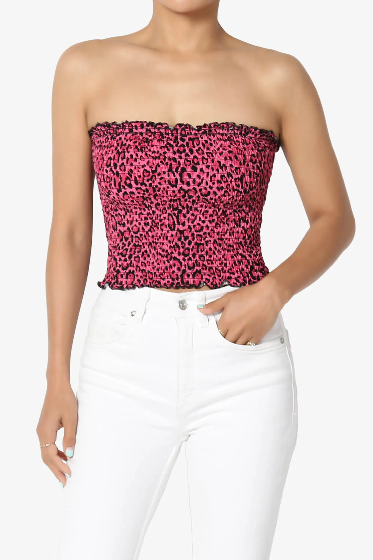 Faleece Leopard Smocked Crop Tube Top