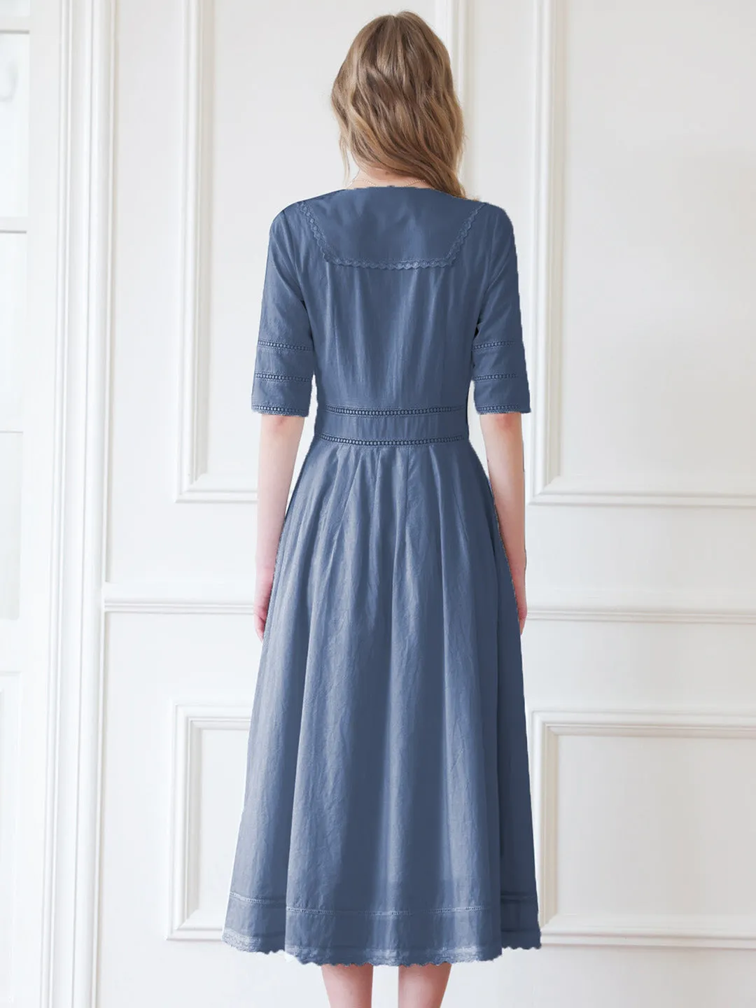 Fiona 100% Cotton Demin Blue Midi Dress