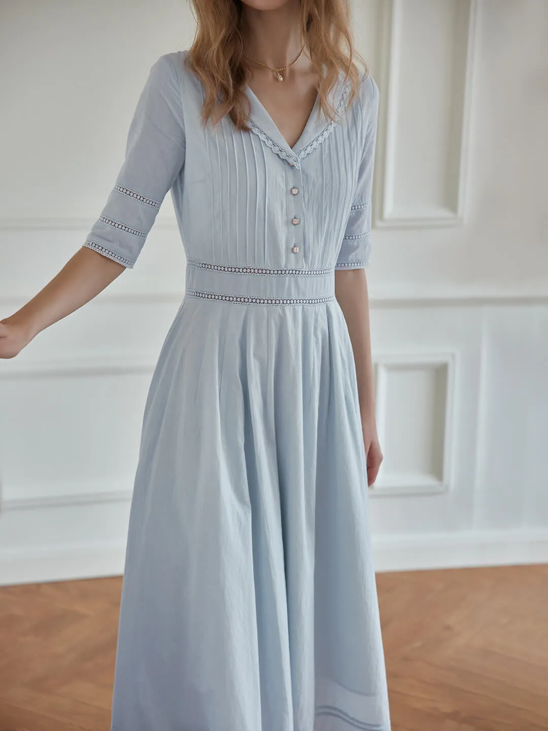 Fiona 100% Cotton Demin Blue Midi Dress