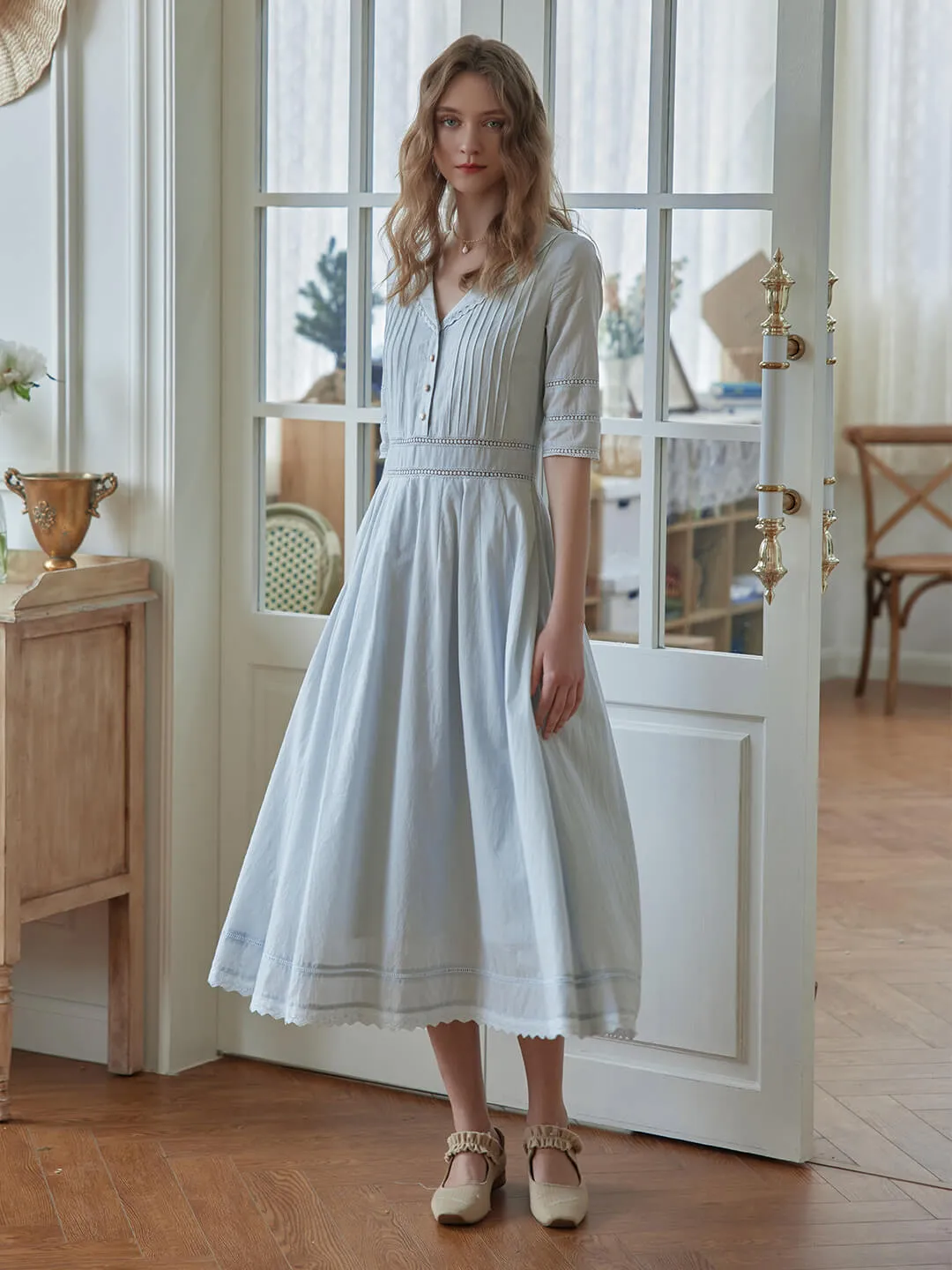 Fiona 100% Cotton Demin Blue Midi Dress