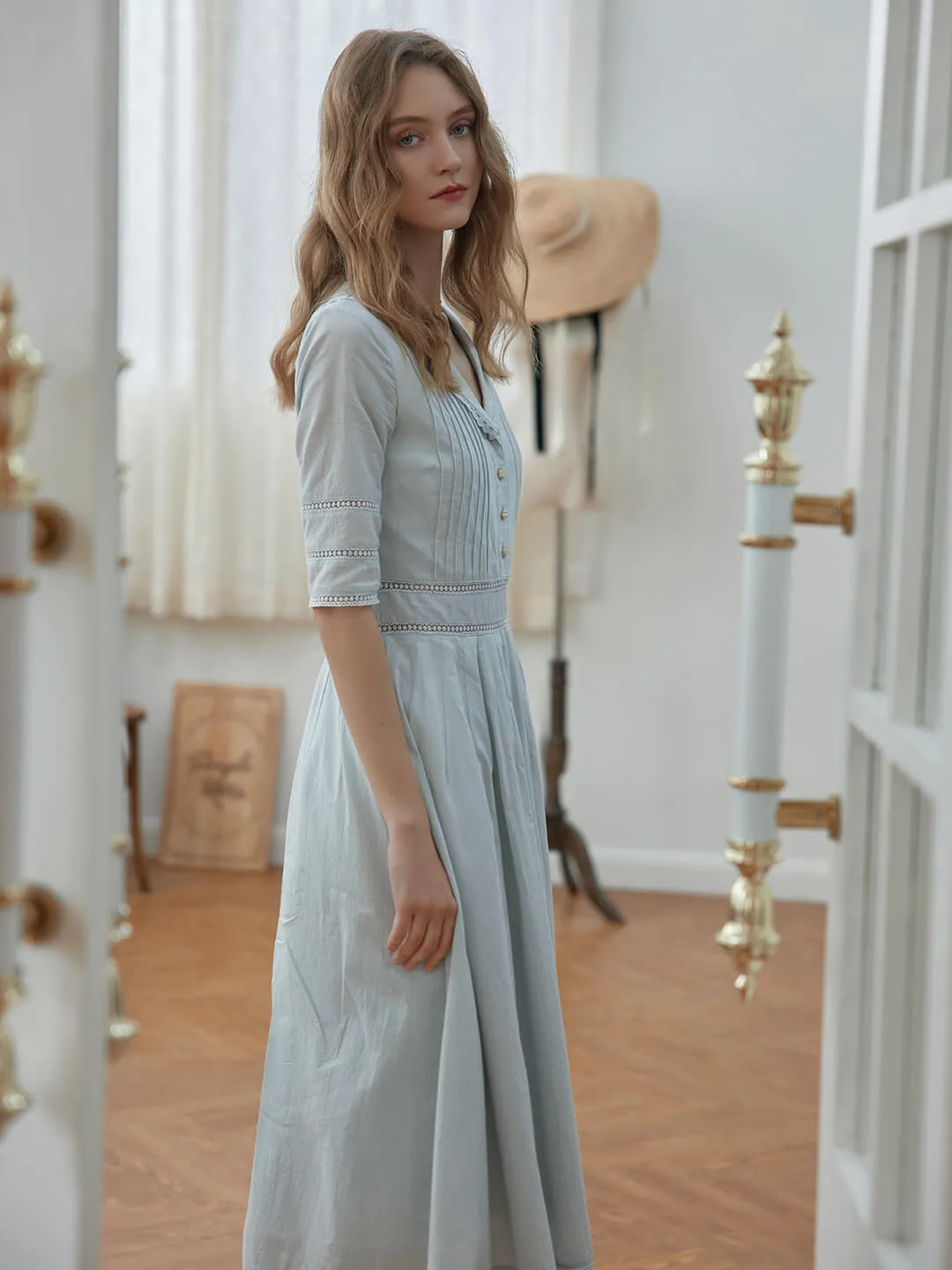 Fiona 100% Cotton Demin Blue Midi Dress