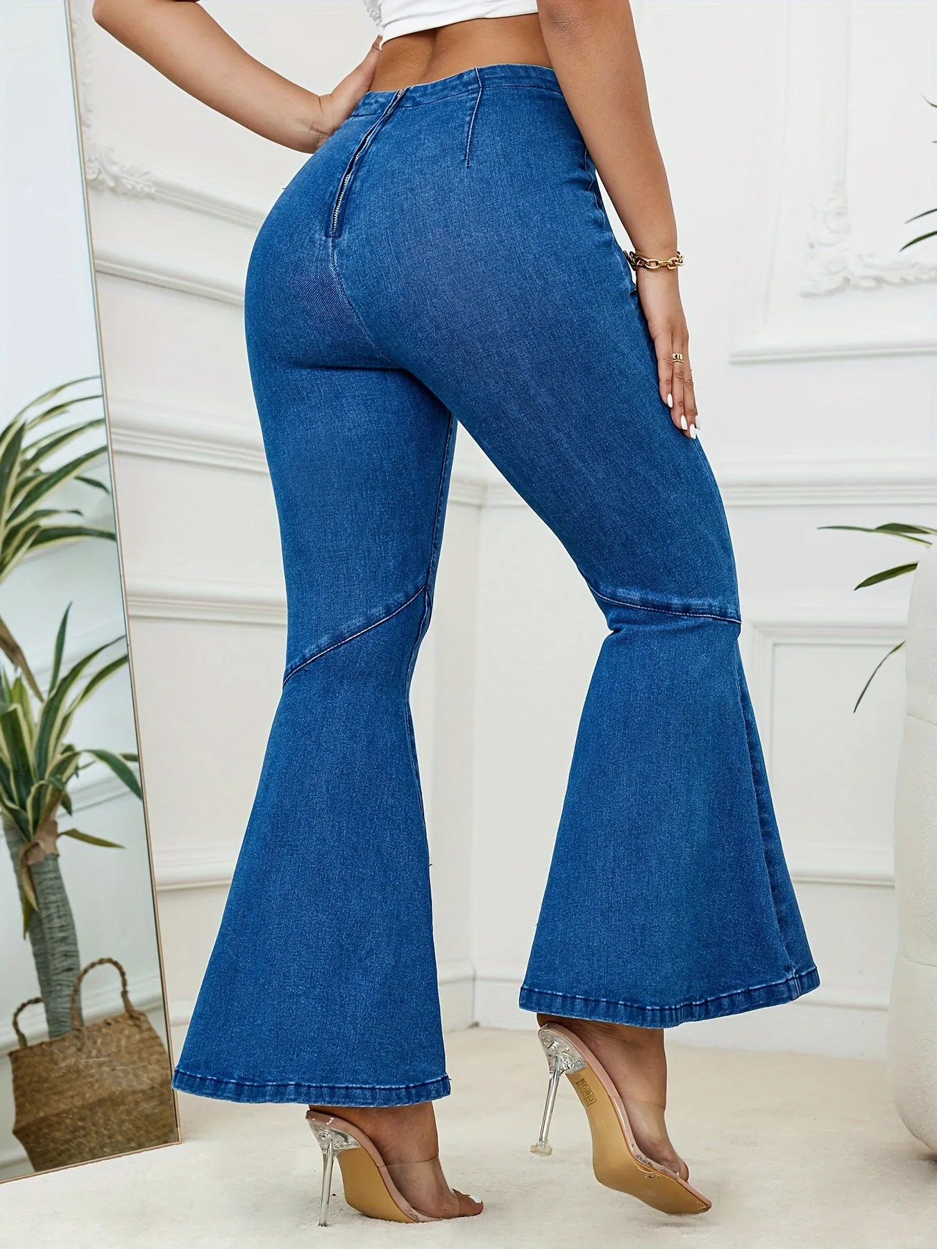 Flattering High-Waisted Bell Bottom Jeans - Stretchy Denim with Pleated Zipper Design, Fashionable Washed Look for Casual & Retro Style, Women's Trendy Flare Leg Pants