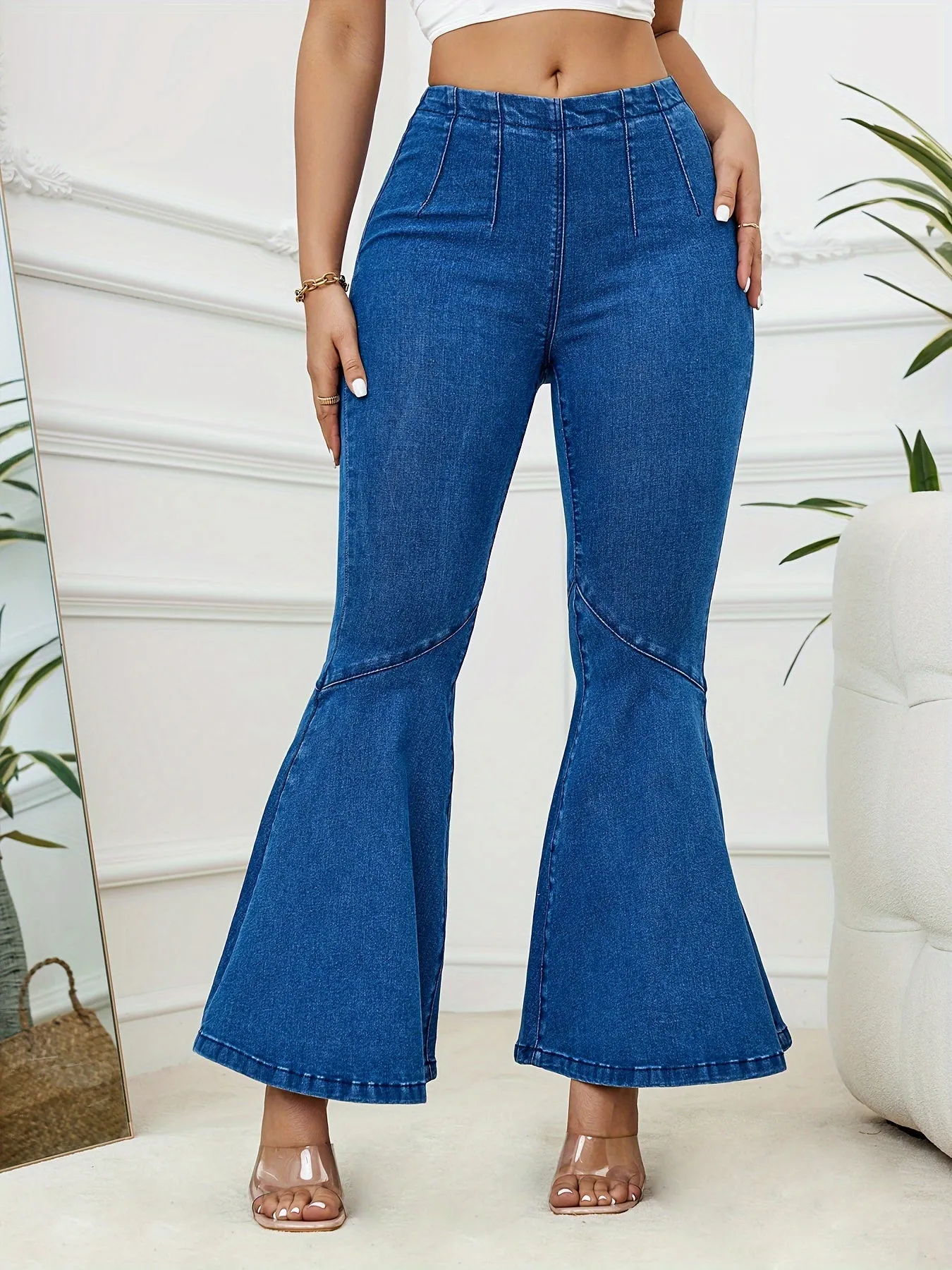 Flattering High-Waisted Bell Bottom Jeans - Stretchy Denim with Pleated Zipper Design, Fashionable Washed Look for Casual & Retro Style, Women's Trendy Flare Leg Pants