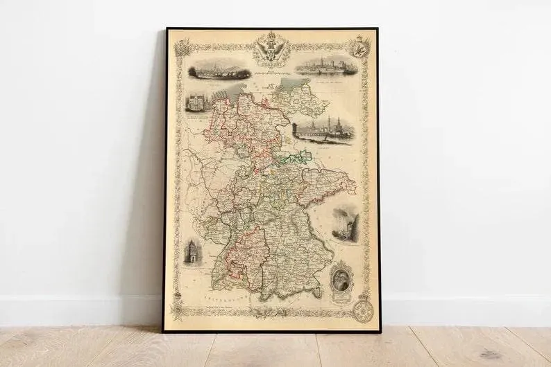 Germany Map Print Wall Art| 1851 Germany Vintage Map Wall Prints