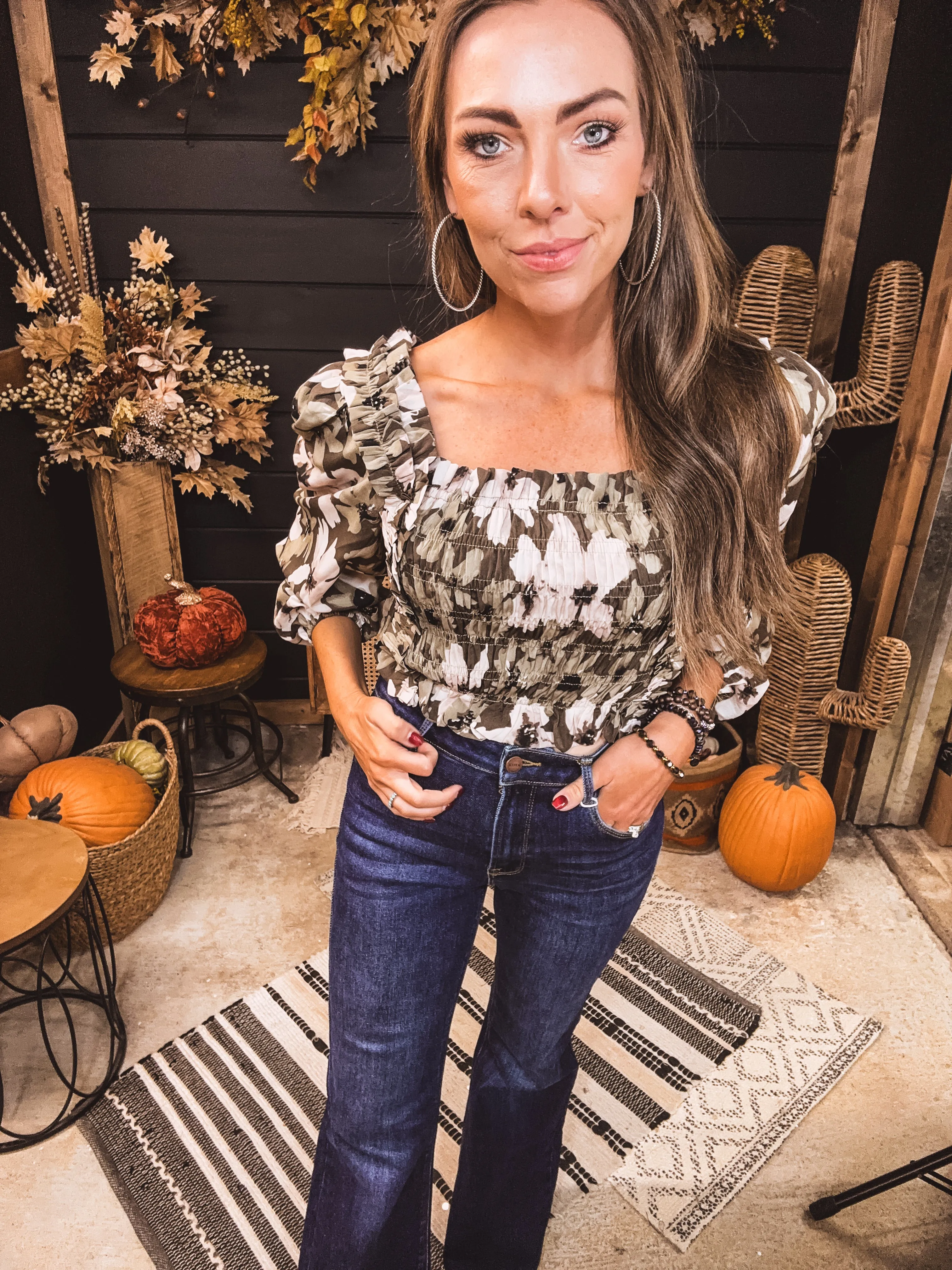 Green Earthtone Floral Smocked Pleated Crop Top