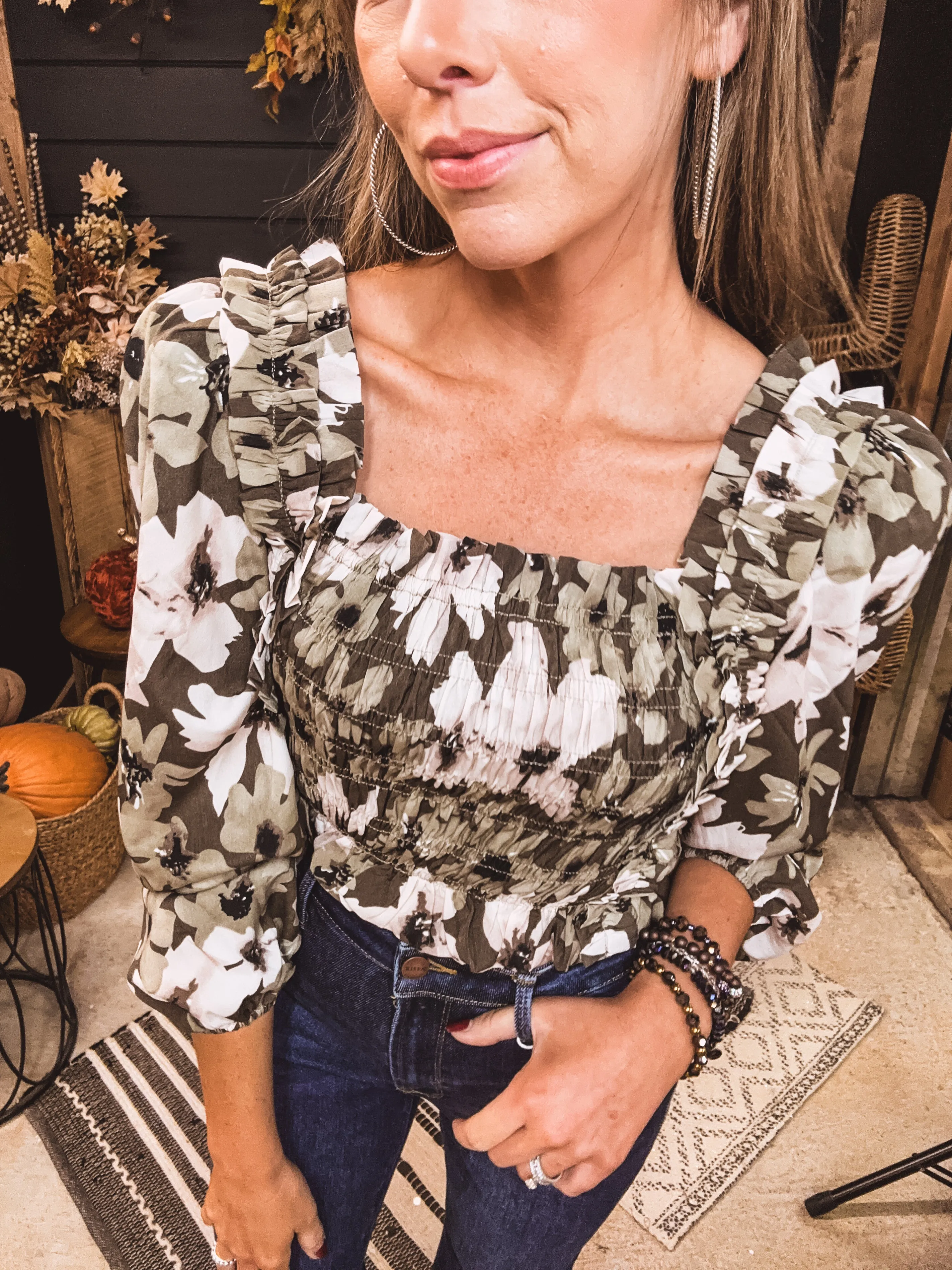 Green Earthtone Floral Smocked Pleated Crop Top