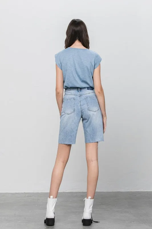 High Rise Distressed Denim Burmuda Jean Shorts