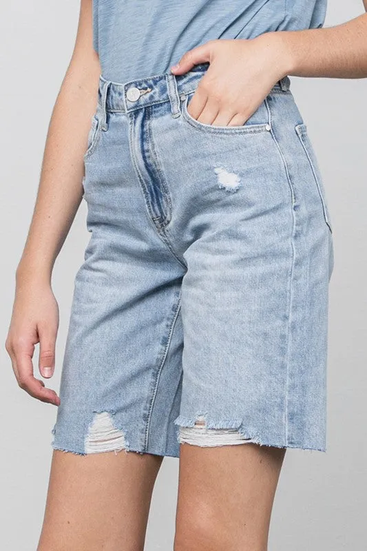 High Rise Distressed Denim Burmuda Jean Shorts