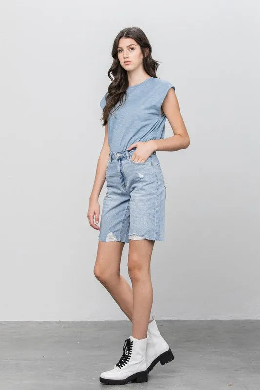 High Rise Distressed Denim Burmuda Jean Shorts