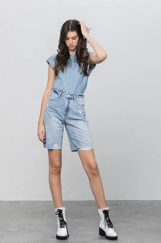 High Rise Distressed Denim Burmuda Jean Shorts
