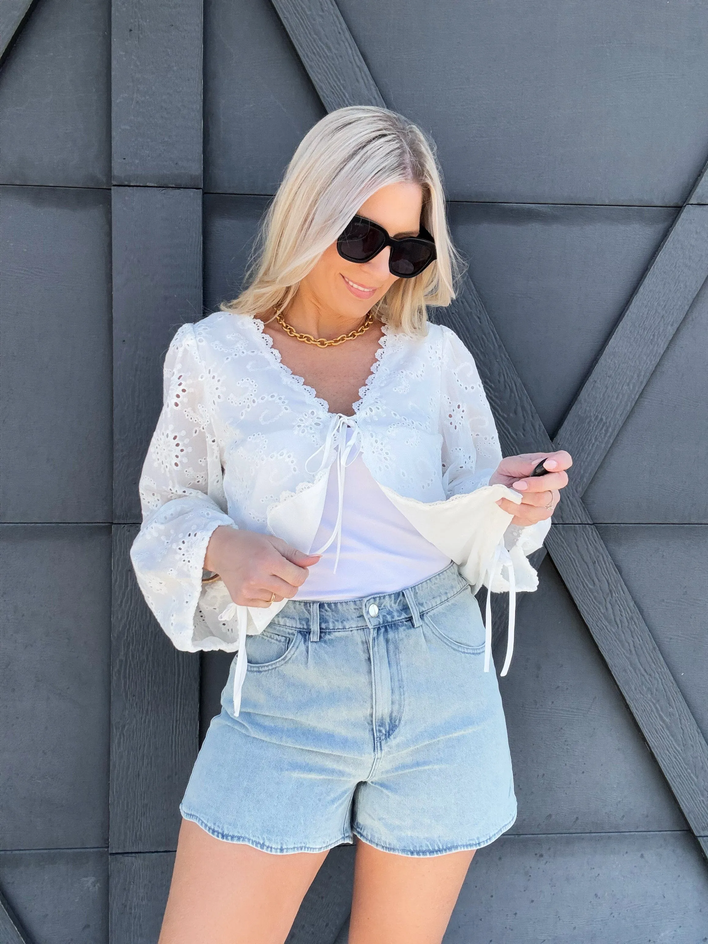 High Rise Scalloped Denim Shorts