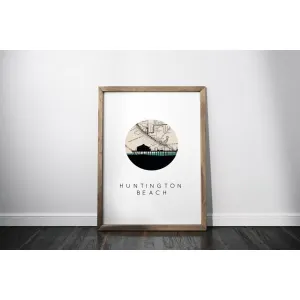Huntington Beach, California city skyline with vintage Huntington Beach map