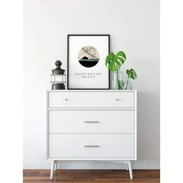 Huntington Beach, California city skyline with vintage Huntington Beach map