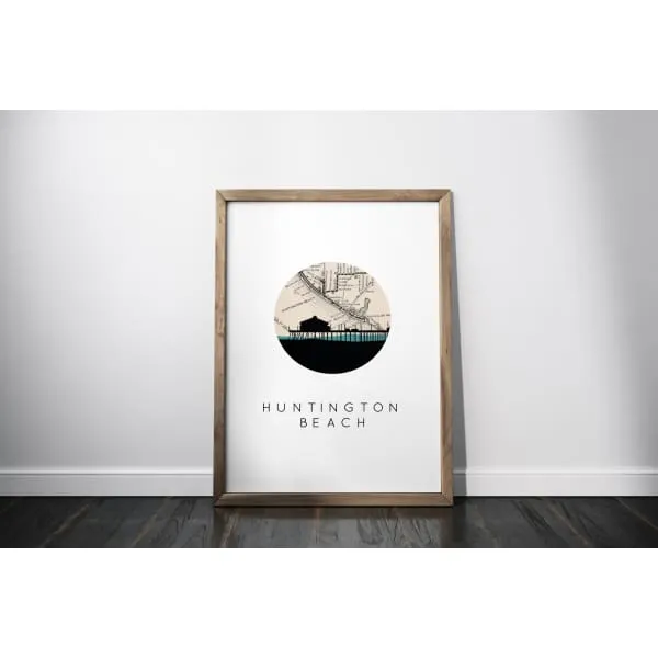 Huntington Beach, California city skyline with vintage Huntington Beach map
