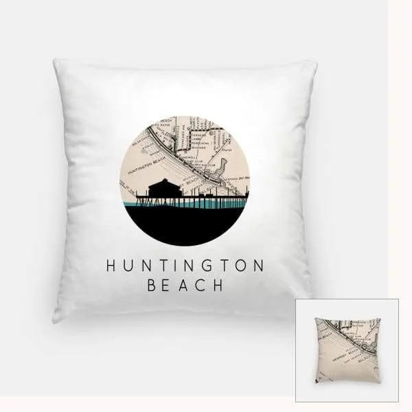 Huntington Beach, California city skyline with vintage Huntington Beach map
