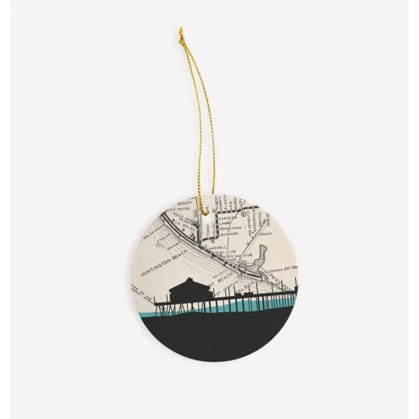 Huntington Beach, California city skyline with vintage Huntington Beach map