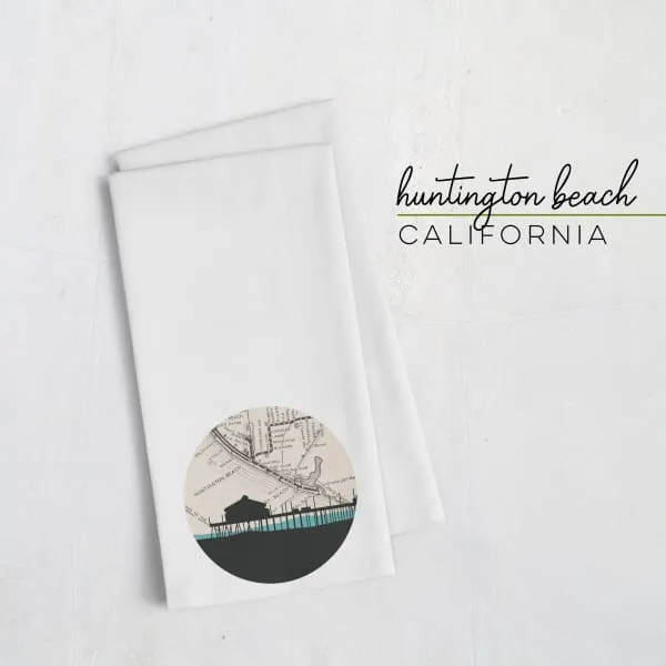 Huntington Beach, California city skyline with vintage Huntington Beach map