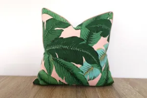 Isla Palm Print Throw Pillow - Green & Pink Fabric  - Pink Piping - Various Sizes