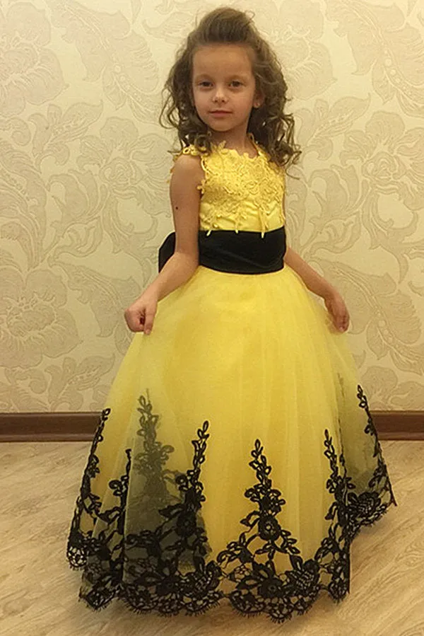 Jewel Sleeveless Ball Gown Lace Applique Bowknot Flower Girl Dress