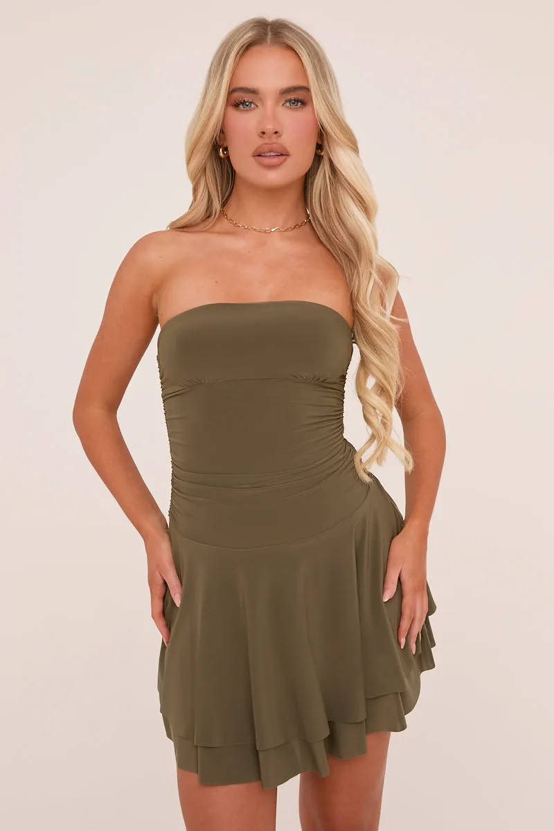 Khaki Bandeau Ruched Skater Mini Dress - Sifan