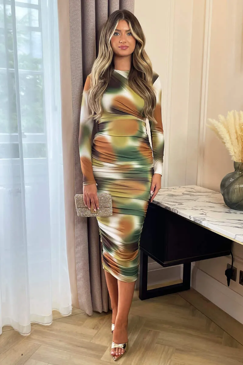 Khaki Printed Long Sleeve Ruched Bodycon Midi Dress